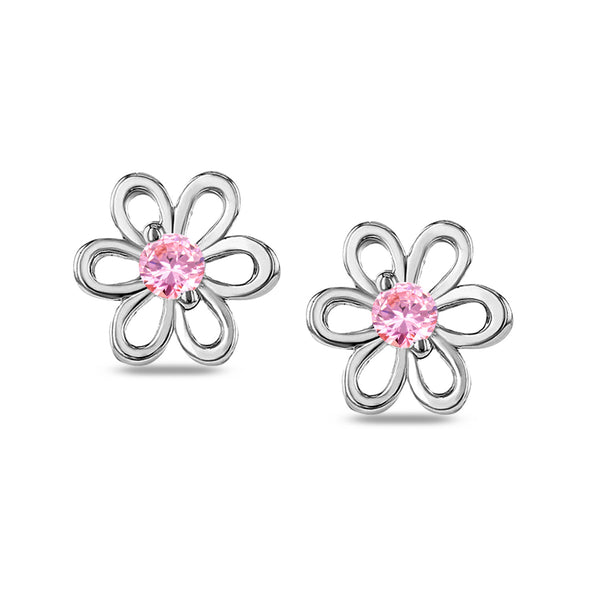 925 Sterling Silver Rhodium Plated Cubic Zirconia Flower Shape Small Stud Earrings for Kids and Girls