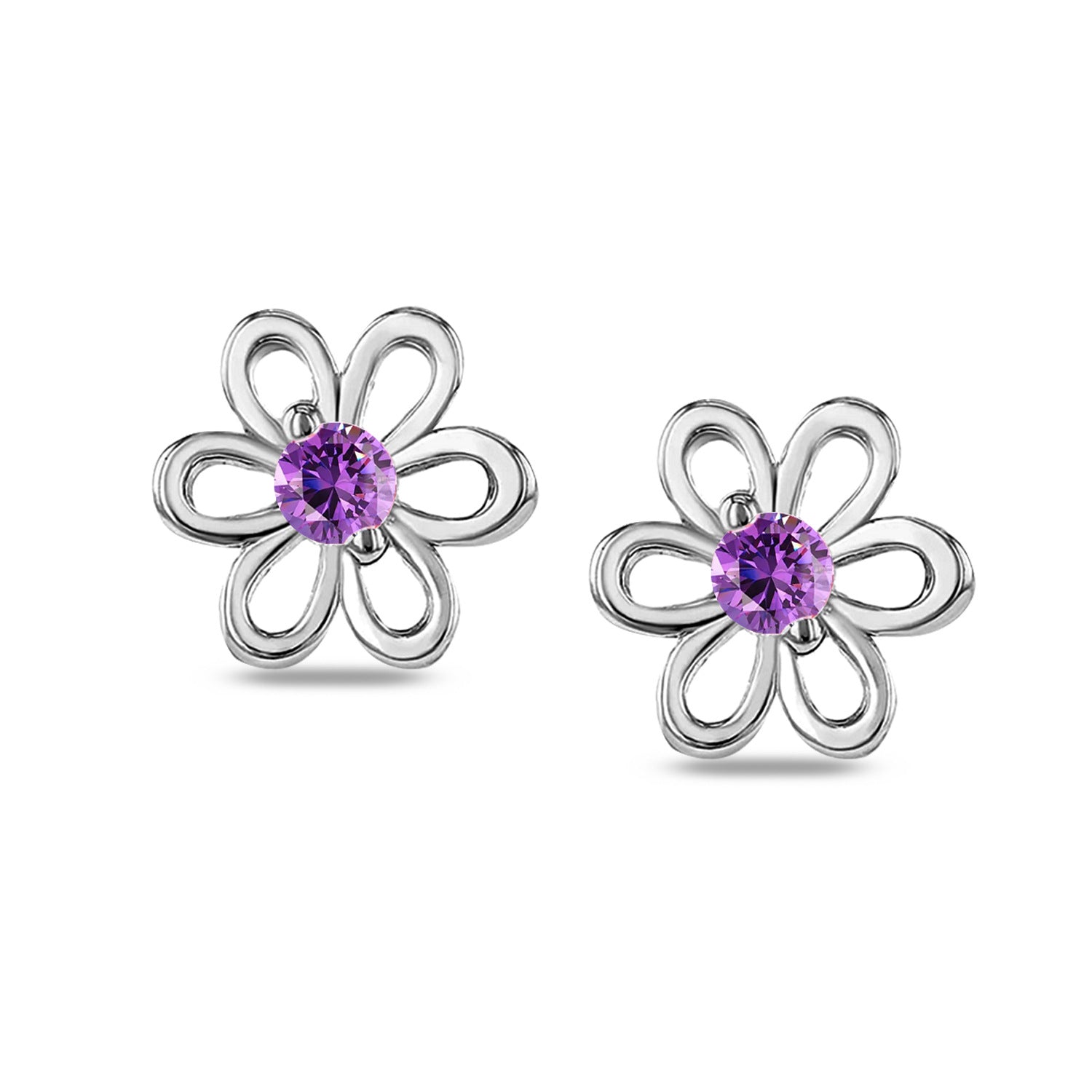 925 Sterling Silver Rhodium Plated Cubic Zirconia Flower Shape Small Stud Earrings for Kids and Girls