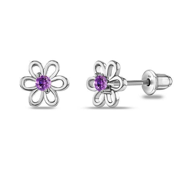 925 Sterling Silver Rhodium Plated Cubic Zirconia Flower Shape Small Stud Earrings for Kids and Girls