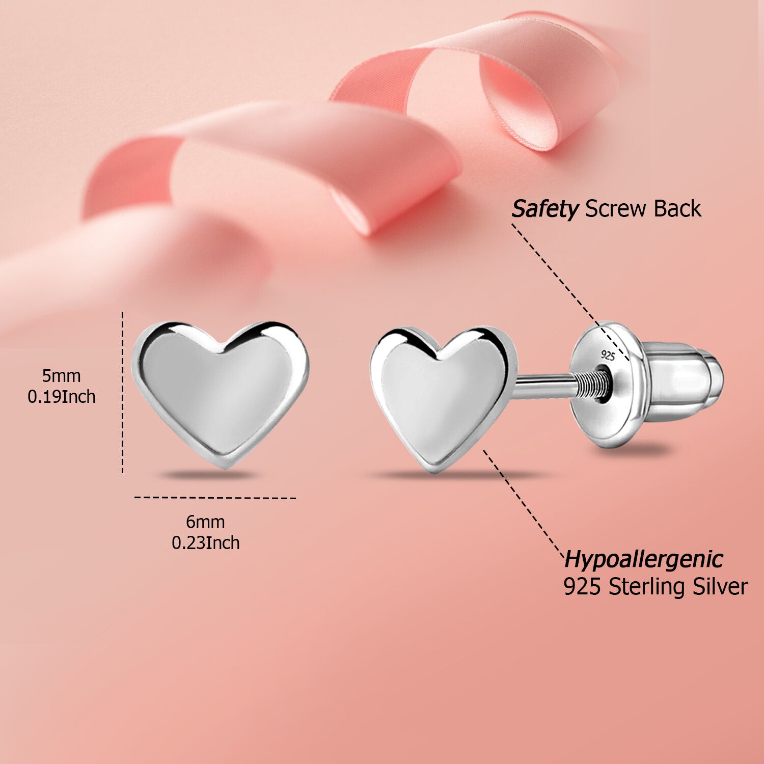 925 Sterling Silver Rhodium Plated Heart Shape Stud Earrings for Kids and Girls