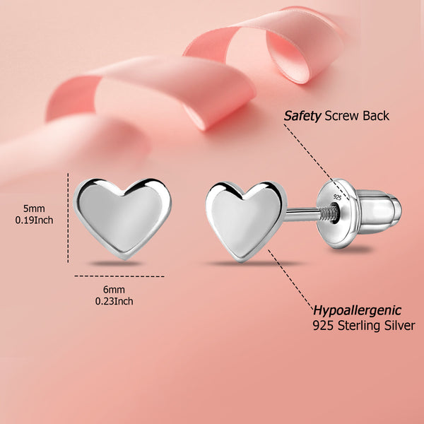 925 Sterling Silver Rhodium Plated Heart Shape Stud Earrings for Kids and Girls