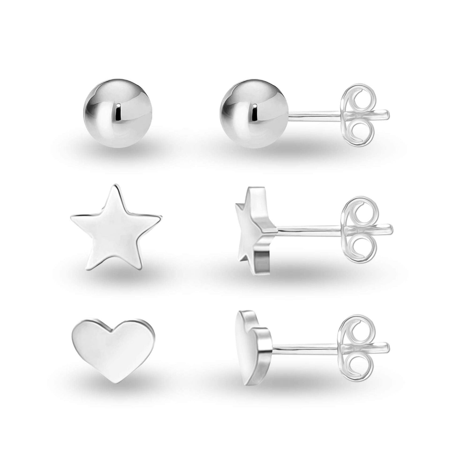 925 Sterling Silver Set of 3 Pairs Ball Star Moon Cross Heart Triangle Bar CZ and Love-Knot Stud Earrings for Women and Girls