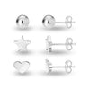 925 Sterling Silver Set of 3 Pairs Ball Star Moon Cross Heart Triangle Bar CZ and Love-Knot Stud Earrings for Women and Girls