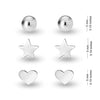 925 Sterling Silver Set of 3 Pairs Ball Star Moon Cross Heart Triangle Bar CZ and Love-Knot Stud Earrings for Women and Girls