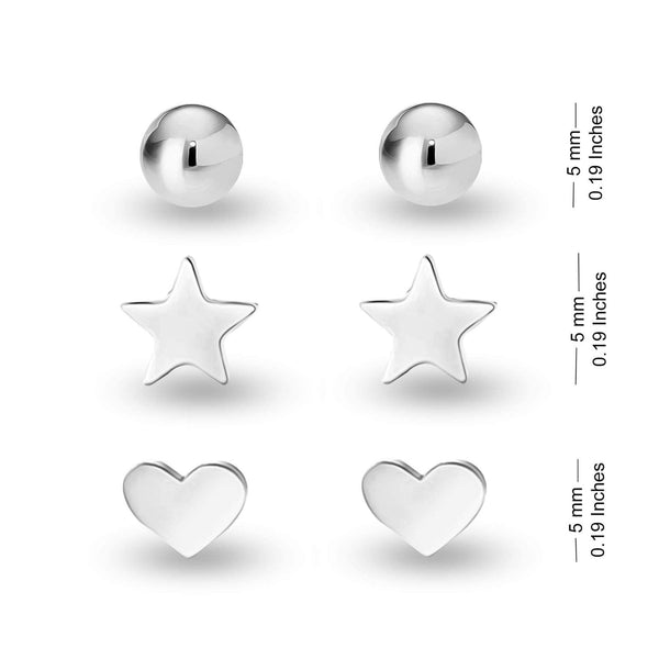 925 Sterling Silver Set of 3 Pairs Ball Star Moon Cross Heart Triangle Bar CZ and Love-Knot Stud Earrings for Women and Girls