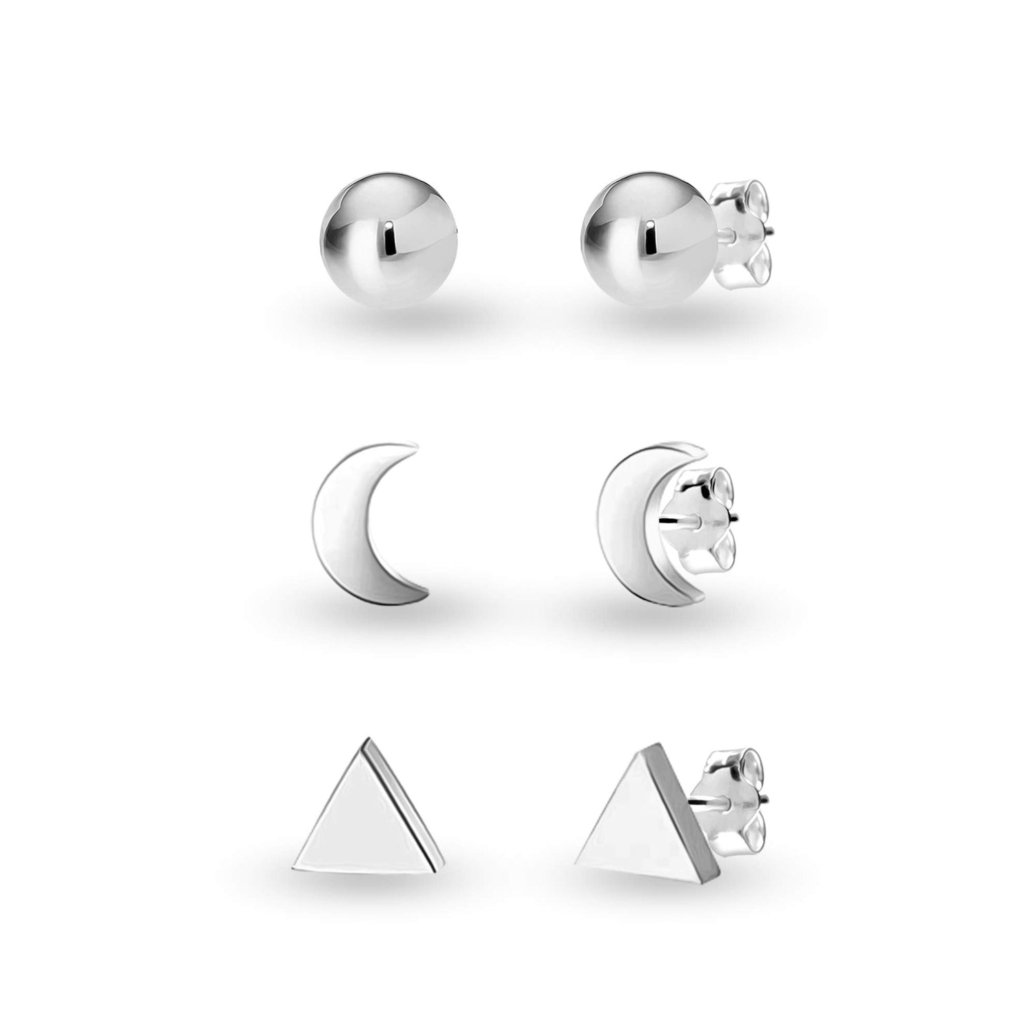 925 Sterling Silver Set of 3 Pairs Ball Star Moon Cross Heart Triangle Bar CZ and Love-Knot Stud Earrings for Women and Girls