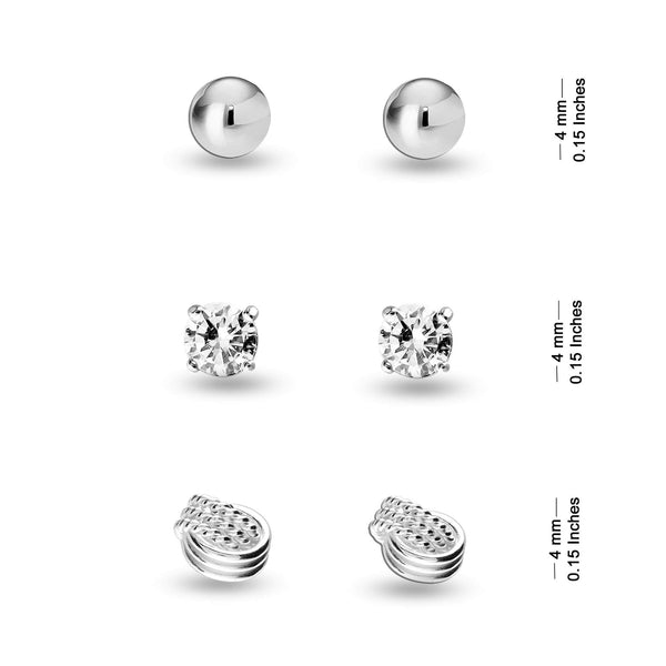 925 Sterling Silver Set of 3 Pairs Ball Star Moon Cross Heart Triangle Bar CZ and Love-Knot Stud Earrings for Women and Girls