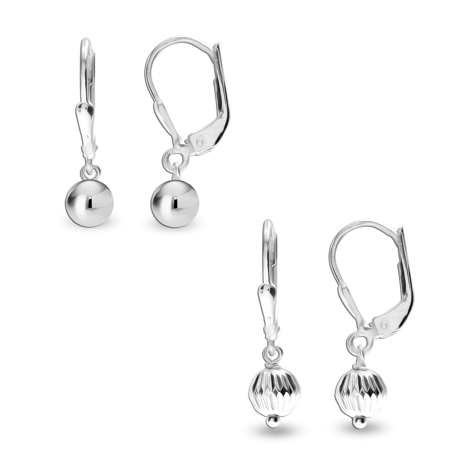 925 Sterling Silver Set of 2 Pairs Small Ball Diamond-Cut Drop Dangle Earrings for Women