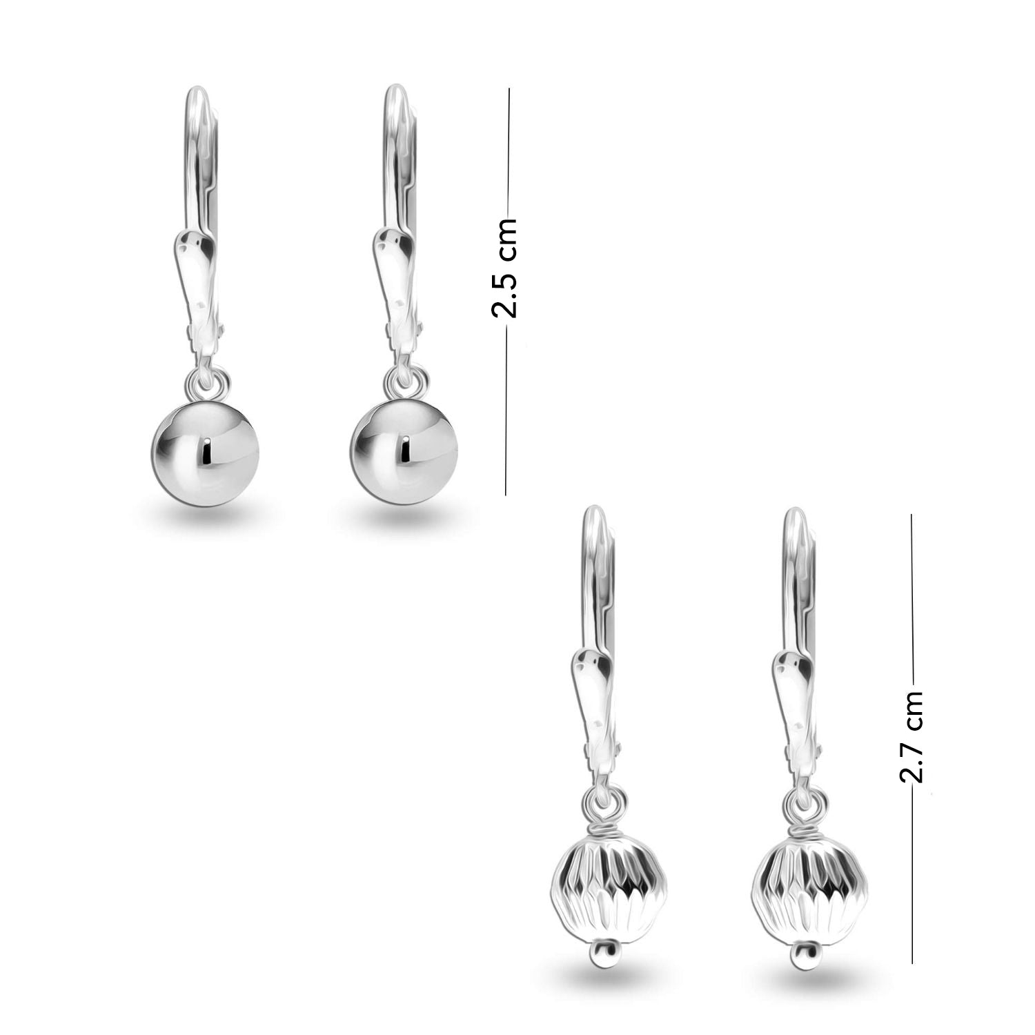 925 Sterling Silver Set of 2 Pairs Small Ball Diamond-Cut Drop Dangle Earrings for Women