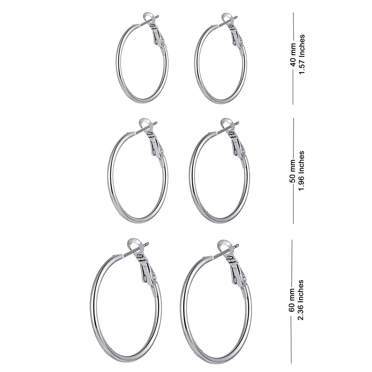 925 Sterling Silver Set of 3 Pairs BIG Hoop Clutchless Earrings for Women