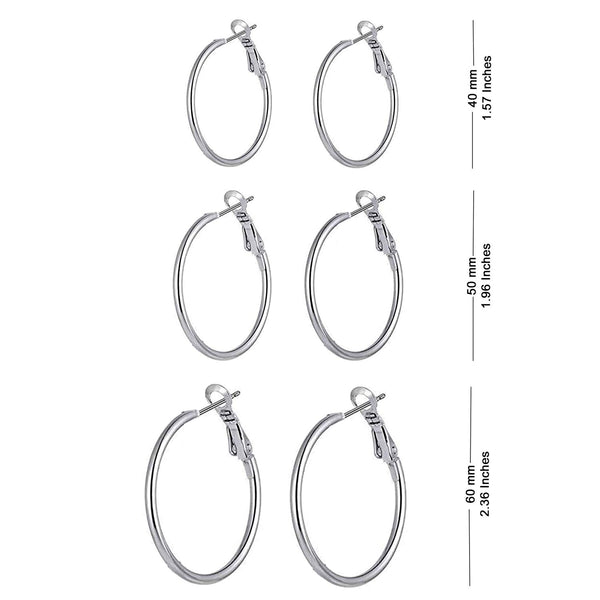 925 Sterling Silver Set of 3 Pairs BIG Hoop Clutchless Earrings for Women