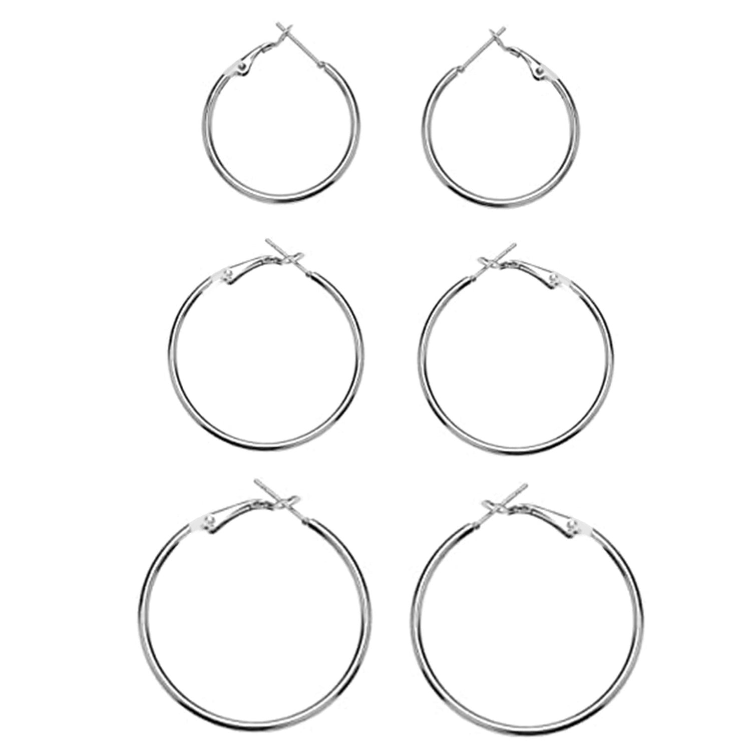 925 Sterling Silver Set of 3 Pairs BIG Hoop Clutchless Earrings for Women