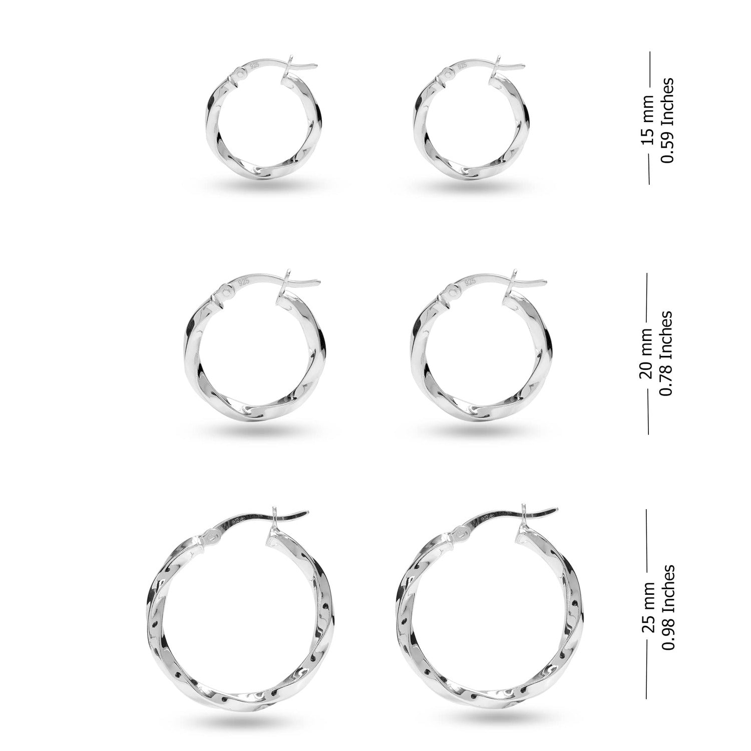 925 Sterling Silver Set of 3 Pairs Small Twisted Hoop Earrings for Women