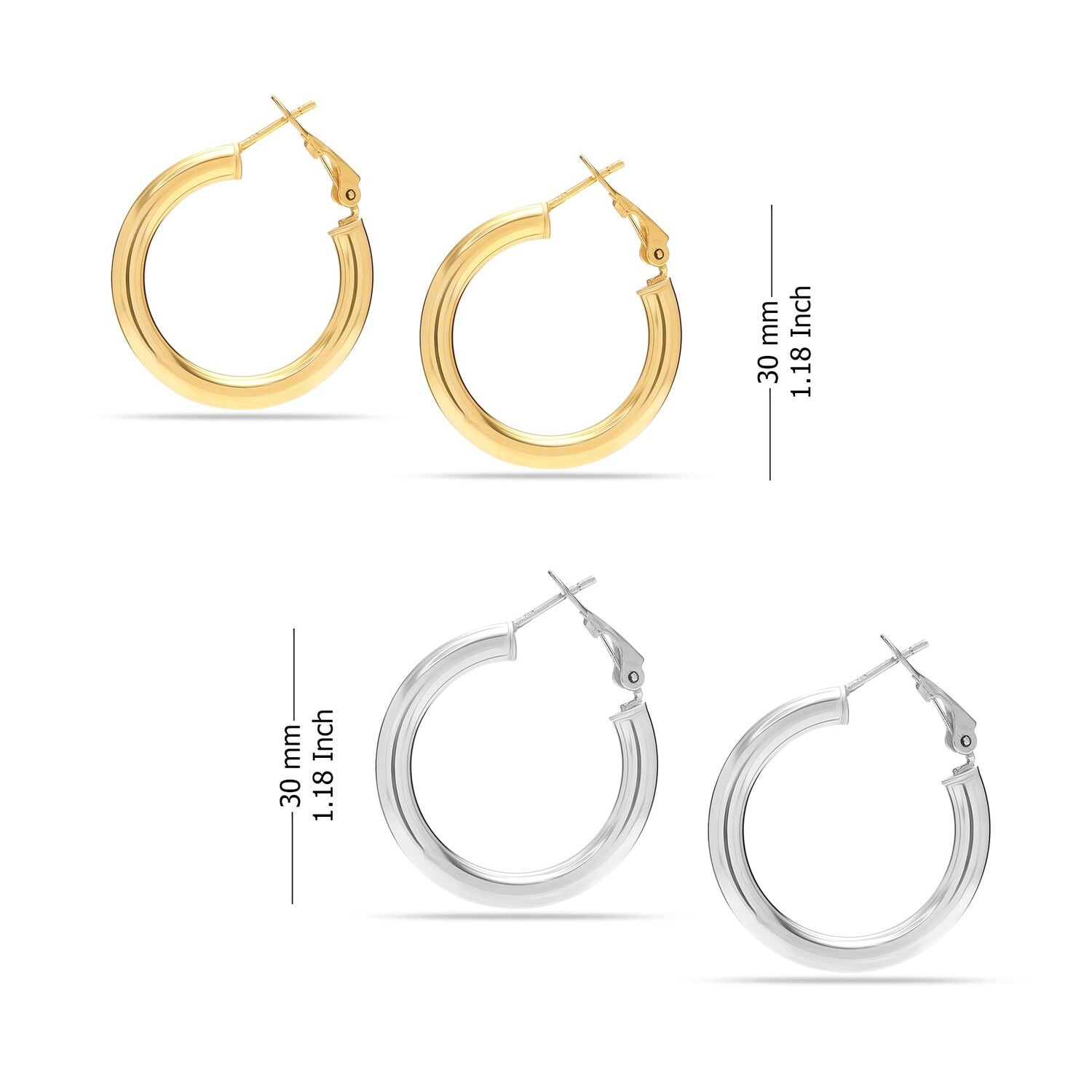 925 Sterling Silver Set of 2 Pairs Chunky Thick Clutchless Hoop Earrings for Women and Teen