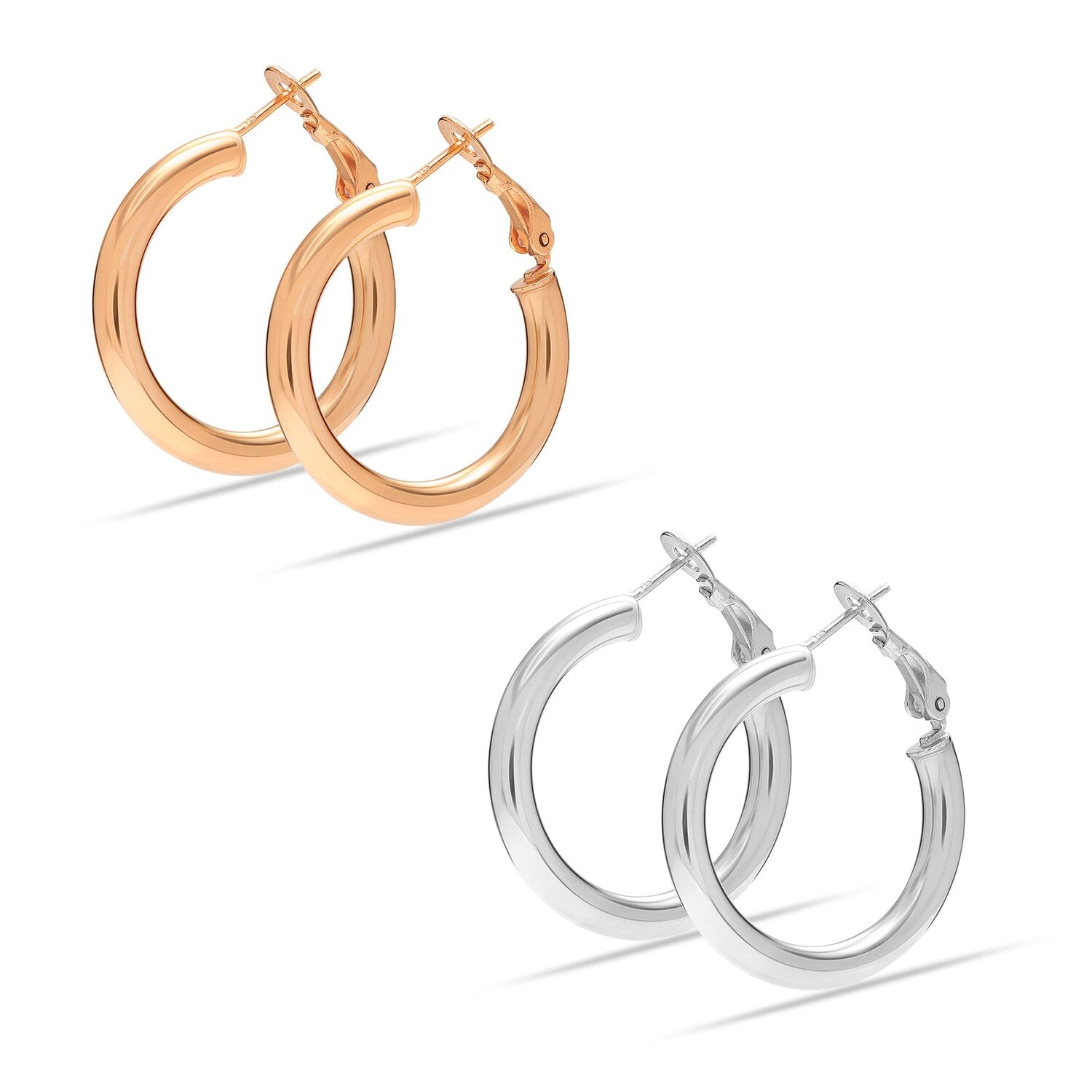 925 Sterling Silver Set of 2 Pairs Chunky Thick Clutchless Hoop Earrings for Women and Teen