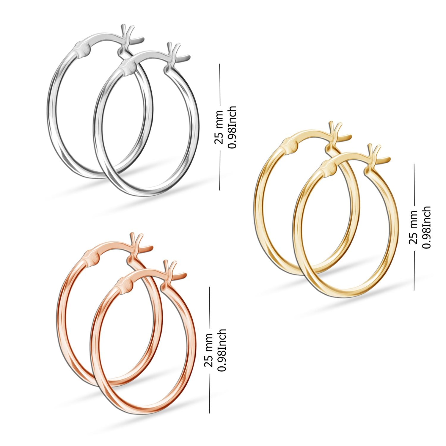 925 Sterling Silver Set of 3 Pairs Click-Top 3 Colors Hoop Earrings for Girl Teen Women 25MM