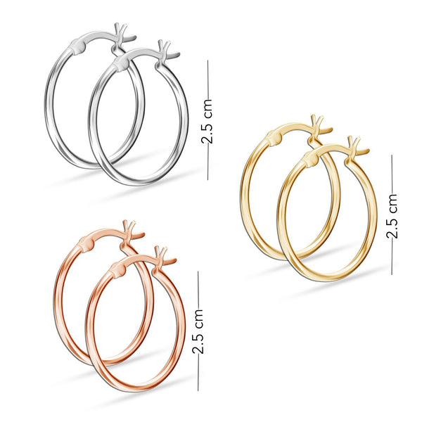 925 Sterling Silver Set of 3 Pairs Click-Top 3 Colors Hoop Earrings for Girl Teen Women 25MM