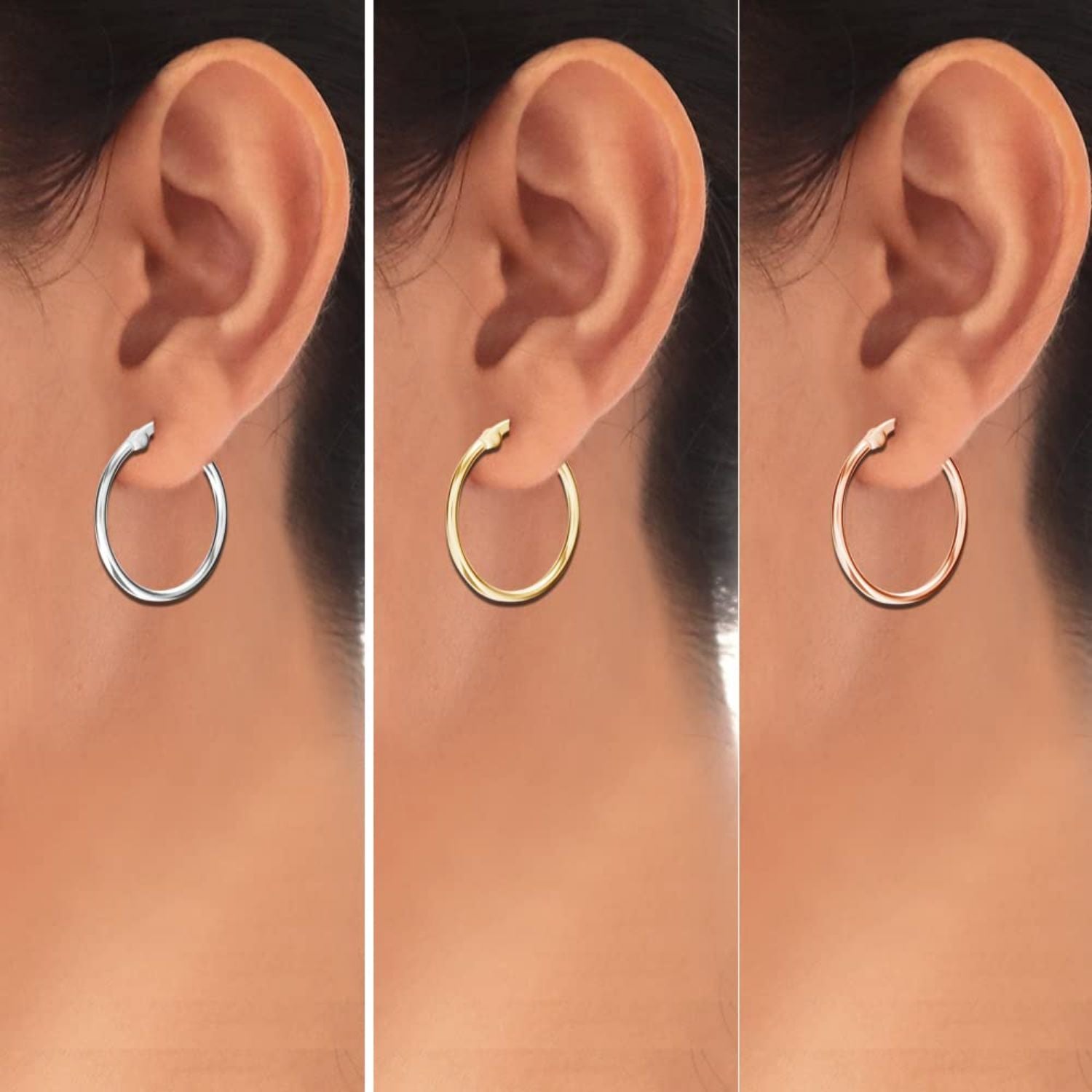 925 Sterling Silver Set of 3 Pairs Click-Top 3 Colors Hoop Earrings for Girl Teen Women 25MM