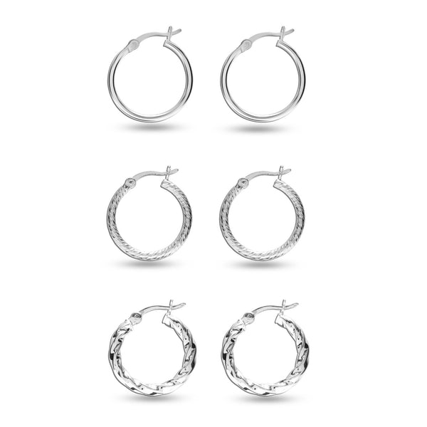 925 Sterling Silver SMALL Set of 3 Pairs Light-Weigh Classic Italian Click-Top Hoop Earrings for Girl Teen Women 18MM