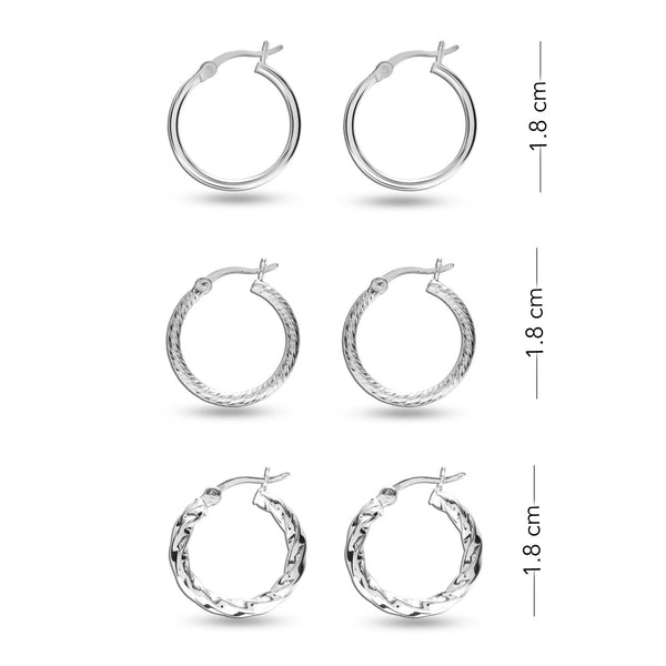 925 Sterling Silver SMALL Set of 3 Pairs Light-Weigh Classic Italian Click-Top Hoop Earrings for Girl Teen Women 18MM