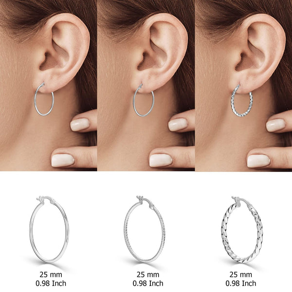 925 Sterling Silver SMALL Set of 3 Pairs Classic Italian Click-Top Hoop Earrings for Girl Teen Women