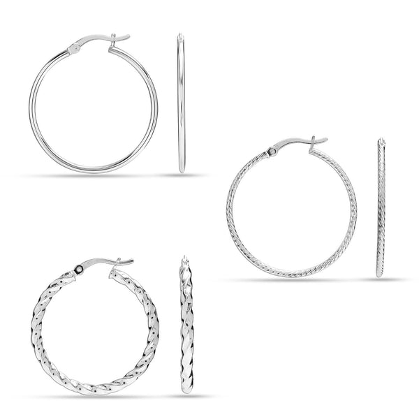 925 Sterling Silver SMALL Set of 3 Pairs Light-Weigh Classic Italian Click-Top Hoop Earrings for Girl Teen Women 30MM