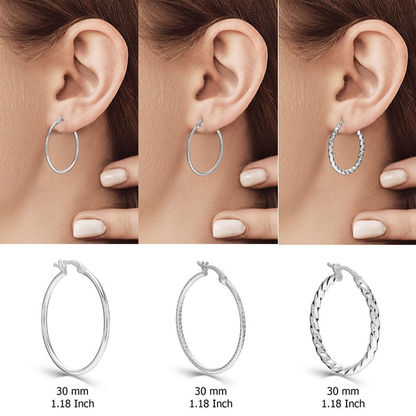 925 Sterling Silver SMALL Set of 3 Pairs Light-Weigh Classic Italian Click-Top Hoop Earrings for Girl Teen Women 30MM