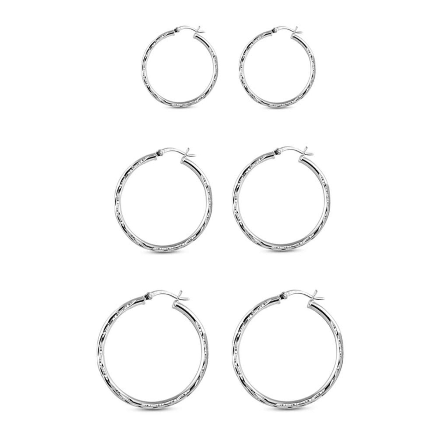 925 Sterling Silver Diamond Cut Hoop Earrings for Women Teen Set of 3 Pairs