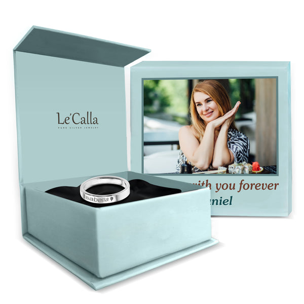 Personalised Customised 925 Sterling Silver Engraved Outside Massage Name Band Finger Ring with Personalised Photo & Message BOX for Women and Girls