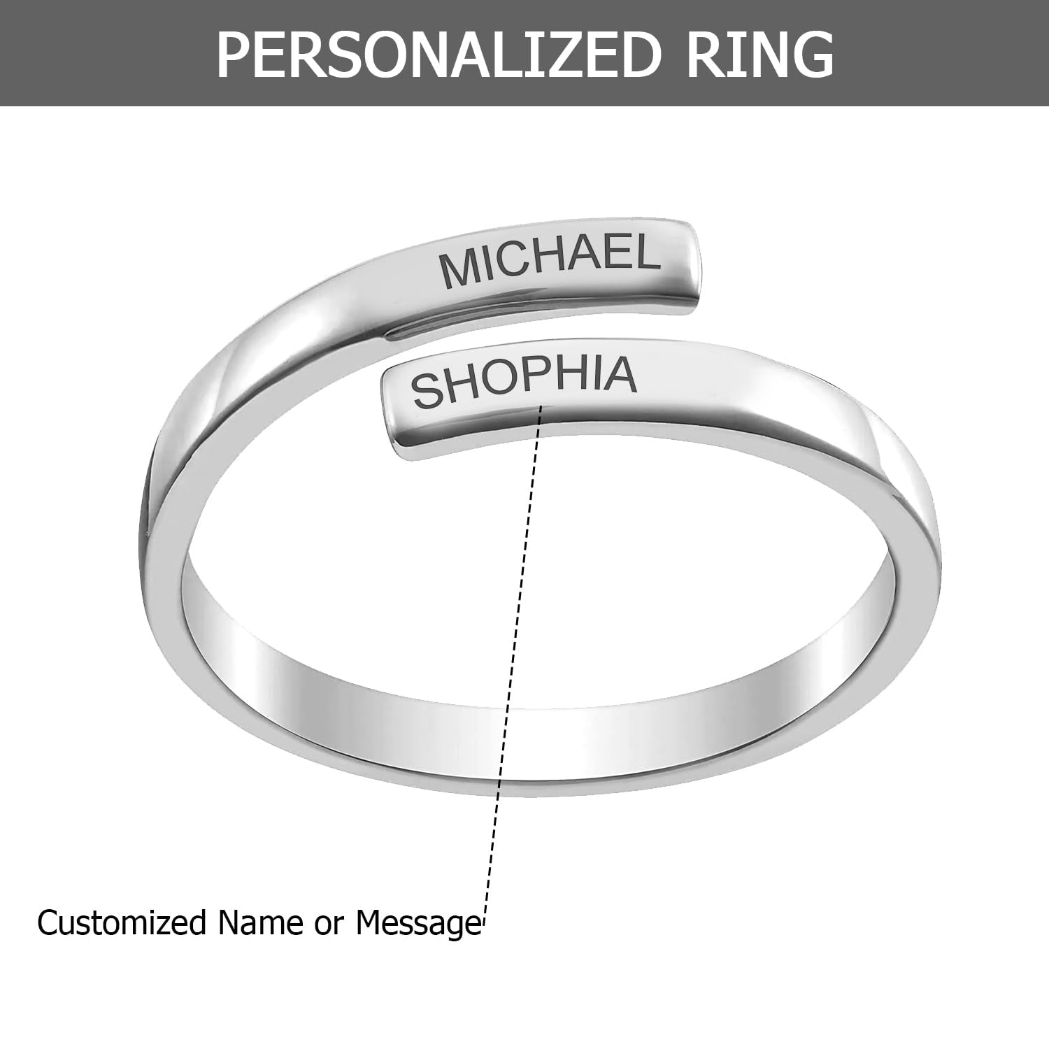 Personalised 925 Sterling Silver Engraved Double Name Bypass Ring for Women and Girls