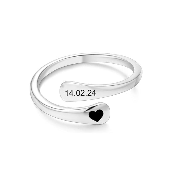 Personalised 925 Sterling Silver Spiral Twist Twisted Heart & Date Finger Ring for Women