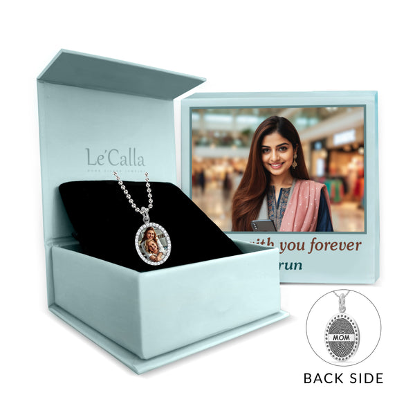 Personalised 925 Sterling Silver Engraved Text With Finger Print on Back Custom Photo on Front CZ Frame Oval Pendant Memorial Thumb Print Necklace with Personalised Photo & Message BOX for Women Teen