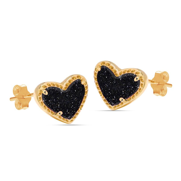 925 Steling Silver 14K Gold-Plated Love Black Druzy Heart Shaped Stud Earrings for Women