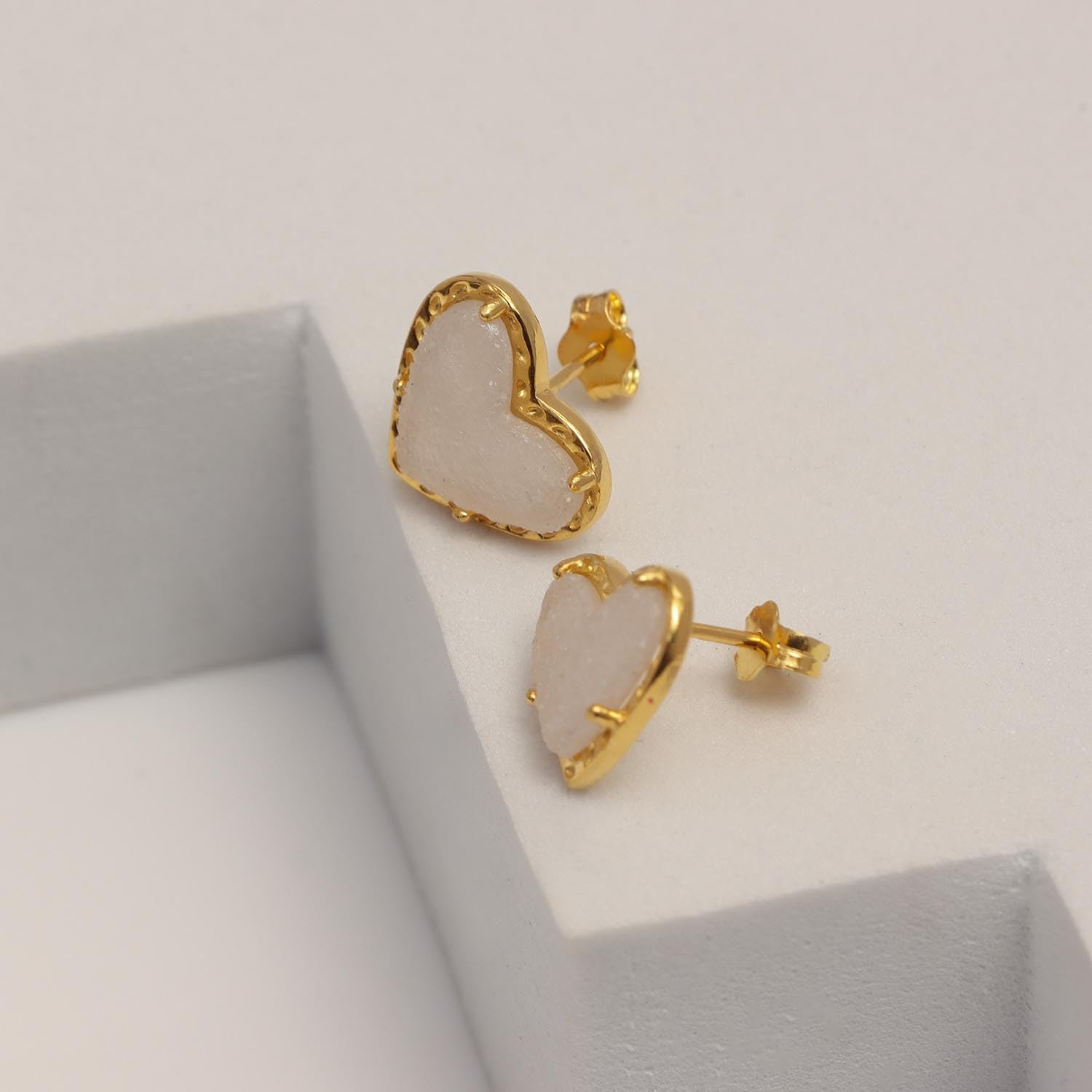 925 Steling Silver 14K Gold-Plated Love White Druzy Heart Shaped Stud Earrings for Women