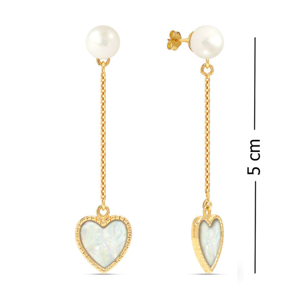 925 Sterling Silver 14K Gold Plated Simulated Pearl Heart Drop Dangle Earrings for Women Teen