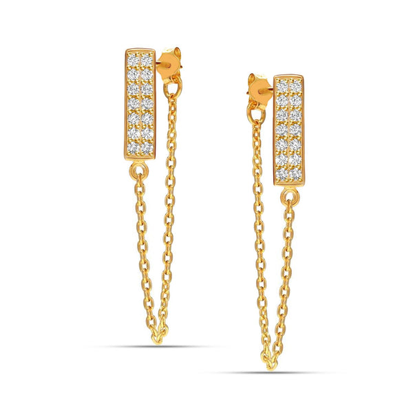 925 Sterling Silver CZ Long 14K Gold-Plated Handmade Bar Tassel Pave Stick and Chain Drop Dangle Earrings for Women