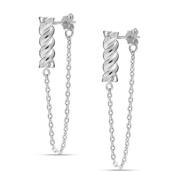 925 Sterling Silve Handmade Twisted Bar Tassel Stick and Chain Drop Dangle Earrings for Women