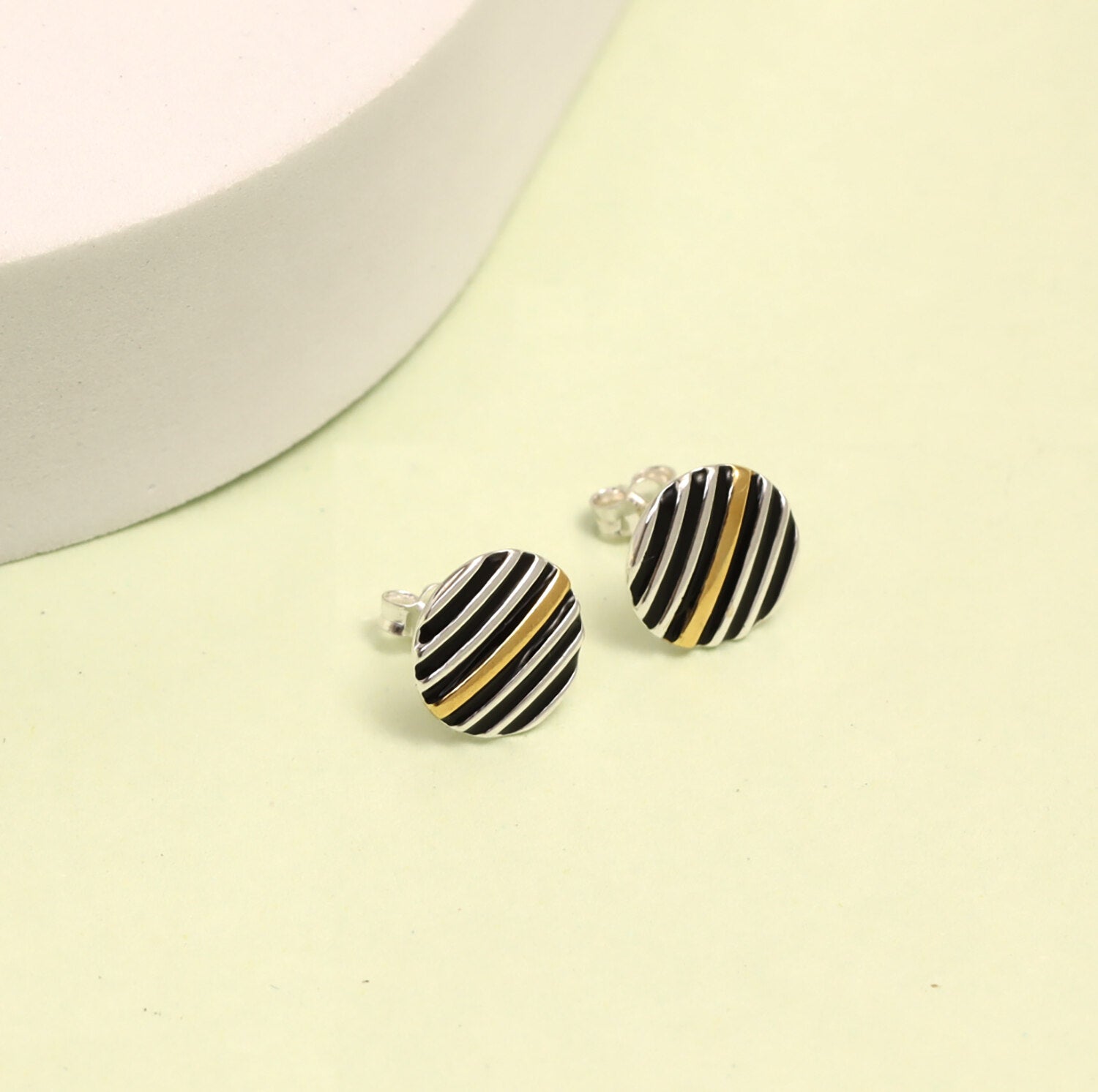 925 Sterling Silver Small Textured Button Shape Enamel Three-Tone Stripe Pattern Stud Earrings For Men