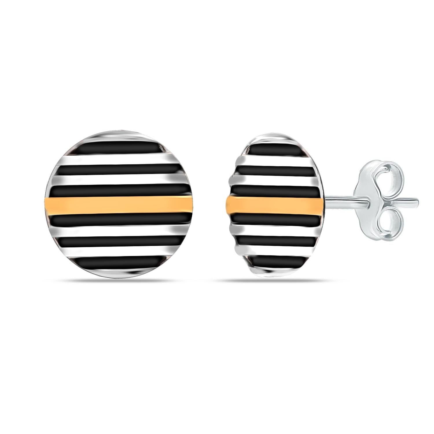 925 Sterling Silver Small Textured Button Shape Enamel Three-Tone Stripe Pattern Stud Earrings For Men