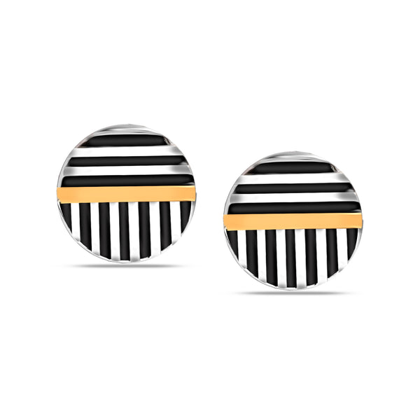 925 Sterling Silver Small Textured Button Shape Enamel Three-Tone Stripe Pattern Stud Earrings For Men