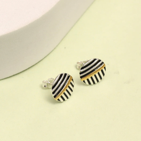 925 Sterling Silver Small Textured Button Shape Enamel Three-Tone Stripe Pattern Stud Earrings For Men