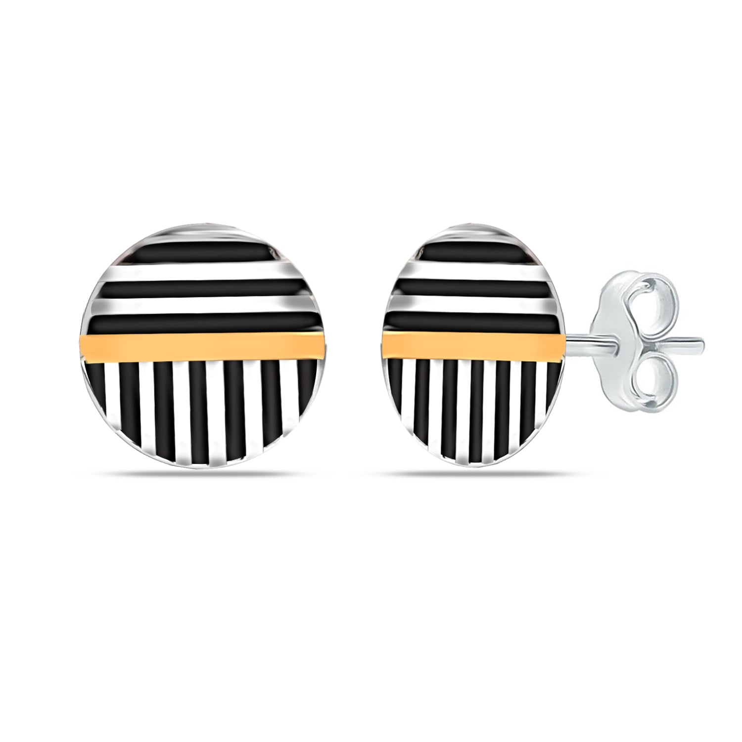 925 Sterling Silver Small Textured Button Shape Enamel Three-Tone Stripe Pattern Stud Earrings For Men