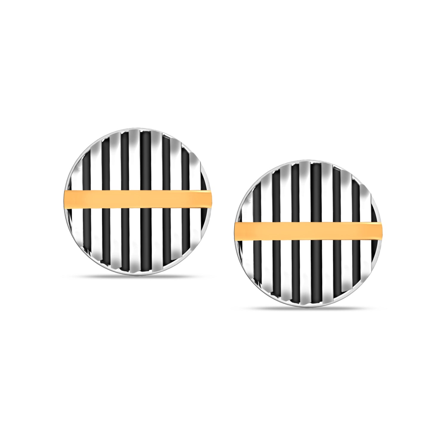 925 Sterling Silver Small Textured Button Shape Enamel Three-Tone Stripe Pattern Stud Earrings For Men