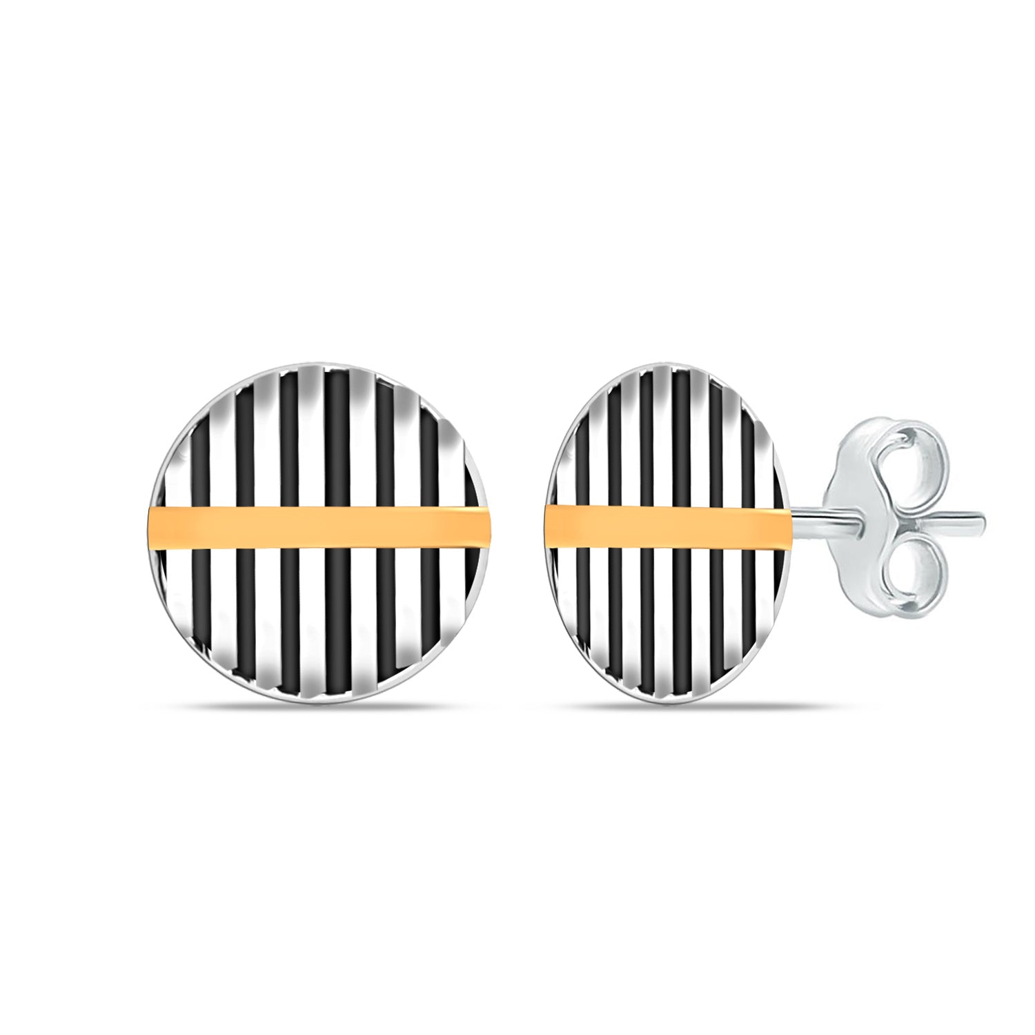 925 Sterling Silver Small Textured Button Shape Enamel Three-Tone Stripe Pattern Stud Earrings For Men