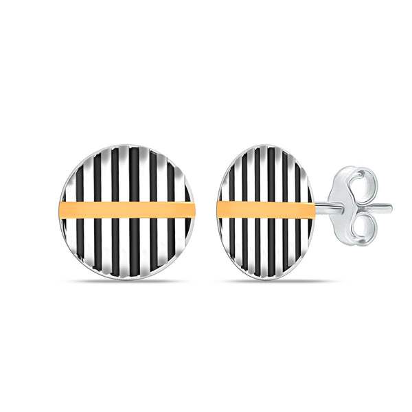 925 Sterling Silver Small Textured Button Shape Enamel Three-Tone Stripe Pattern Stud Earrings For Men