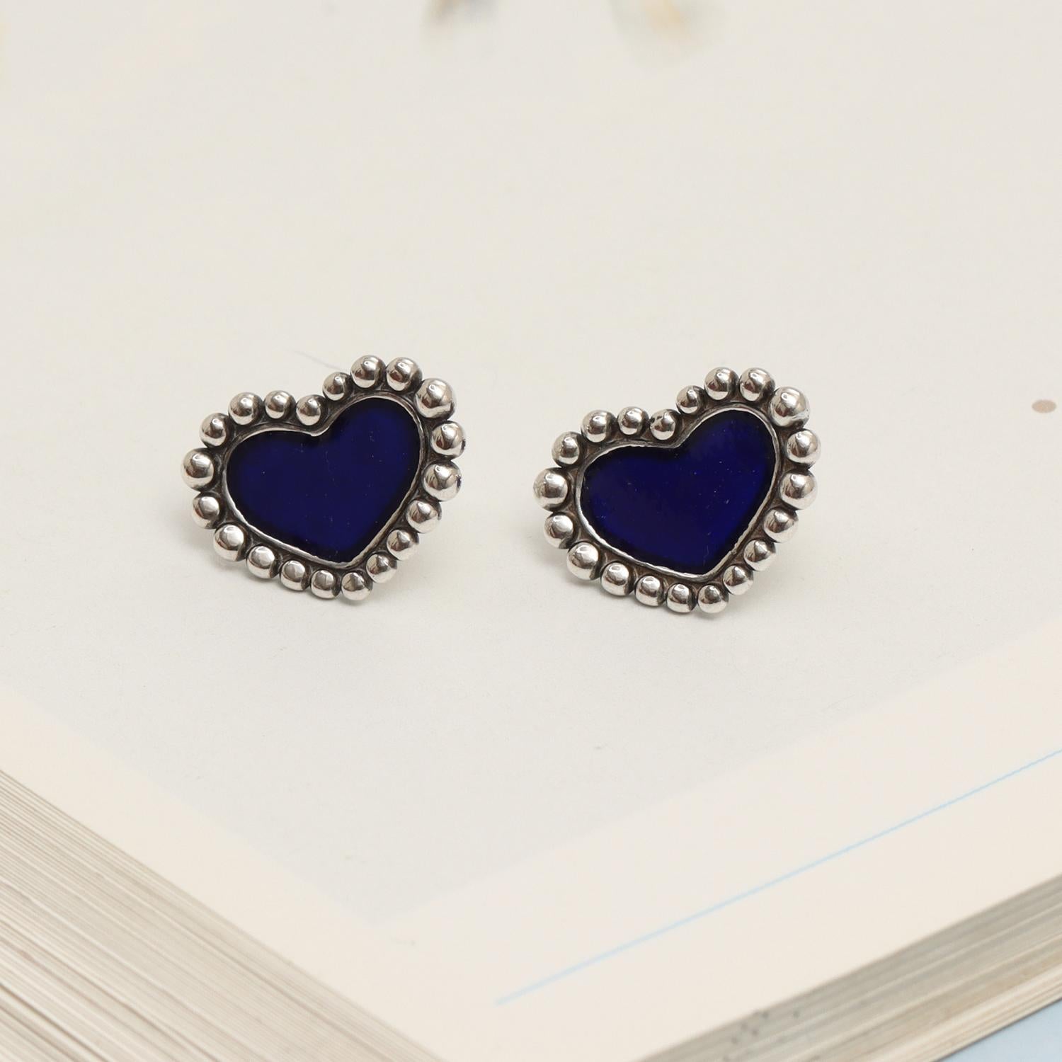 925 Sterling Silver Caviar Bead Blue Heart Stud Earring for Women Teen