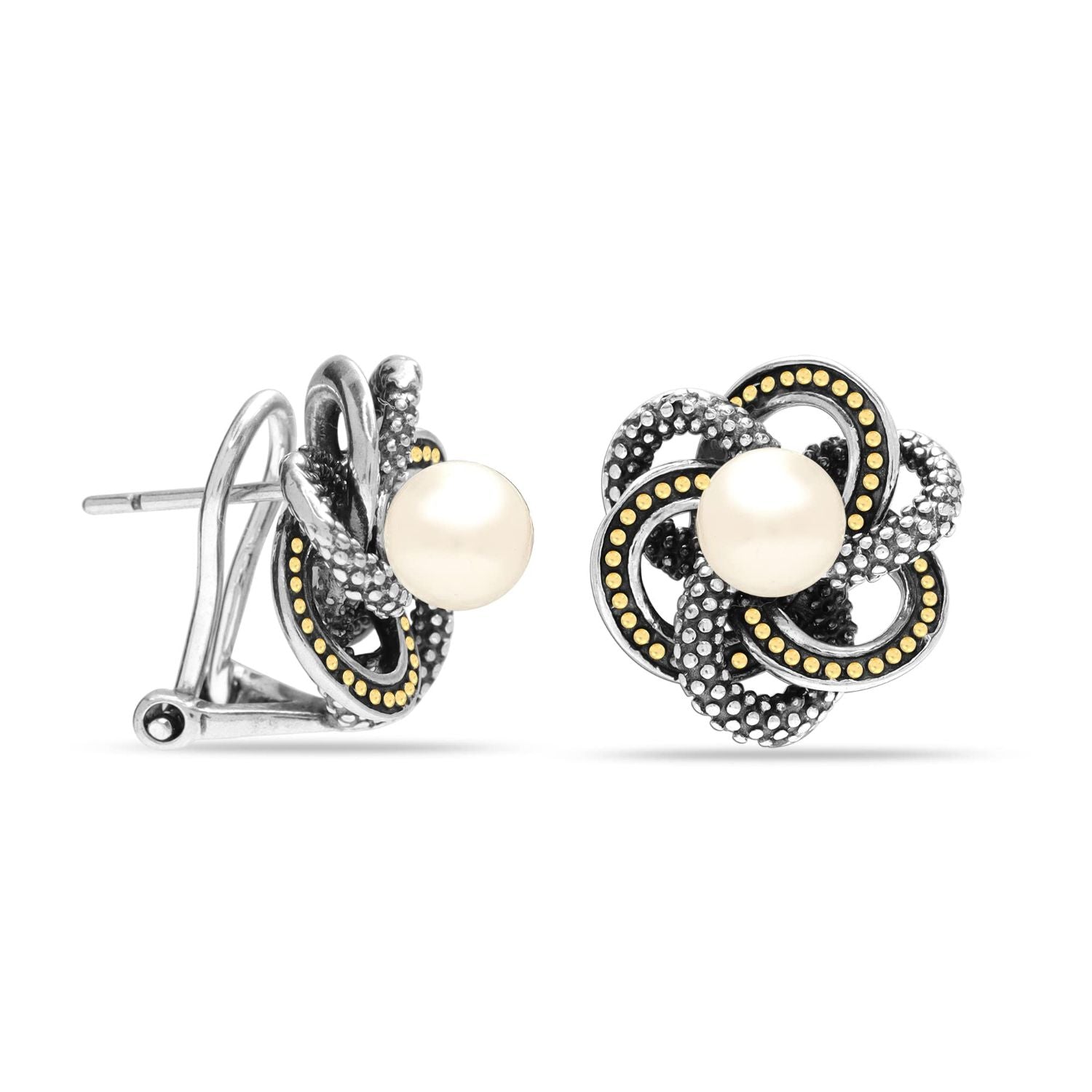 925 Sterling Silver Two-Tone Love Knot Caviar Beaded Freshwater Pearl Omega Back Stud Earring for Women