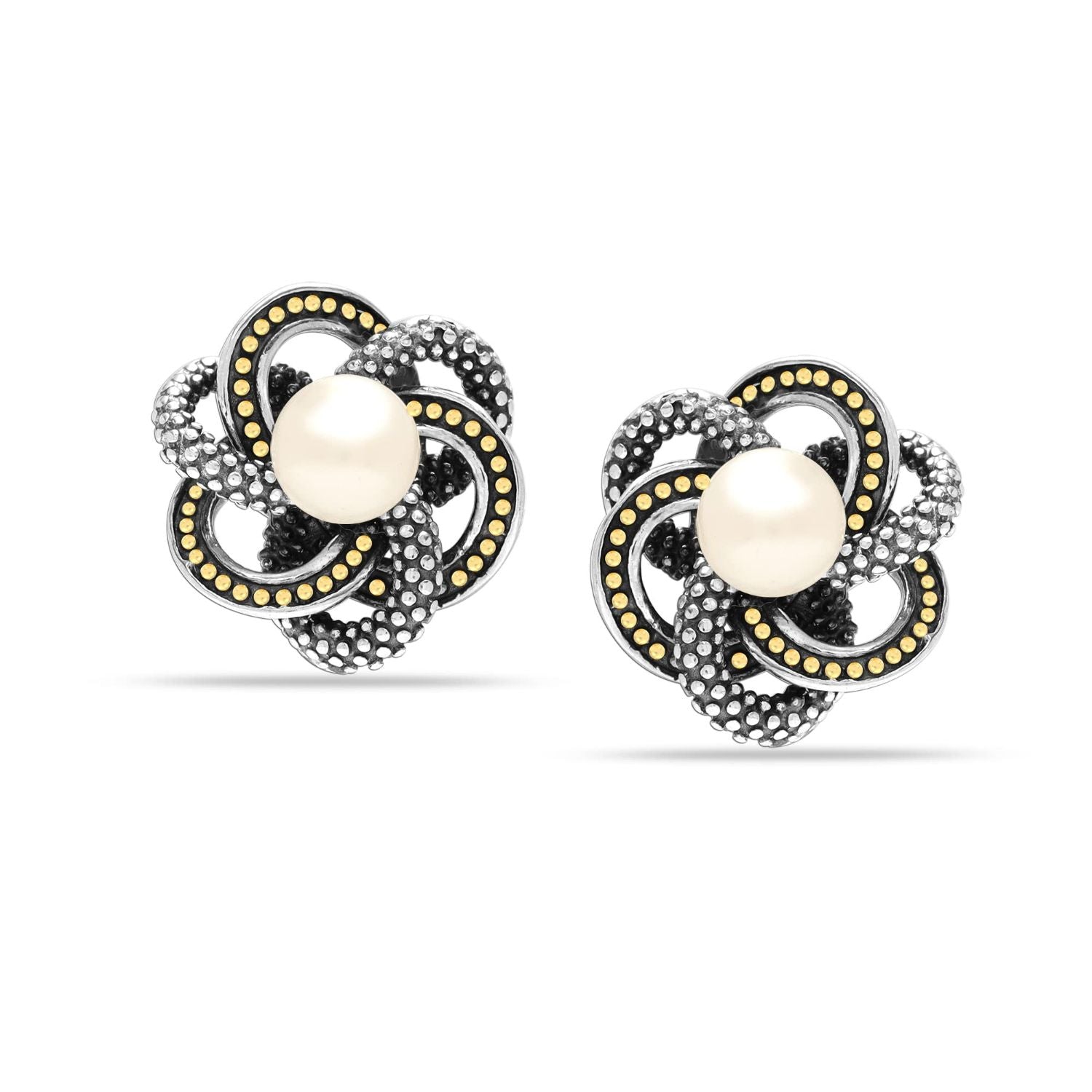 925 Sterling Silver Two-Tone Love Knot Caviar Beaded Freshwater Pearl Omega Back Stud Earring for Women