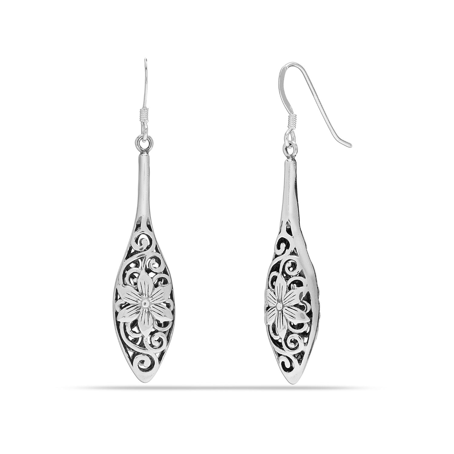 925 Sterling Silver Filigree Bali Inspired Flower Teardrop Dangle Hook Earrings for Women