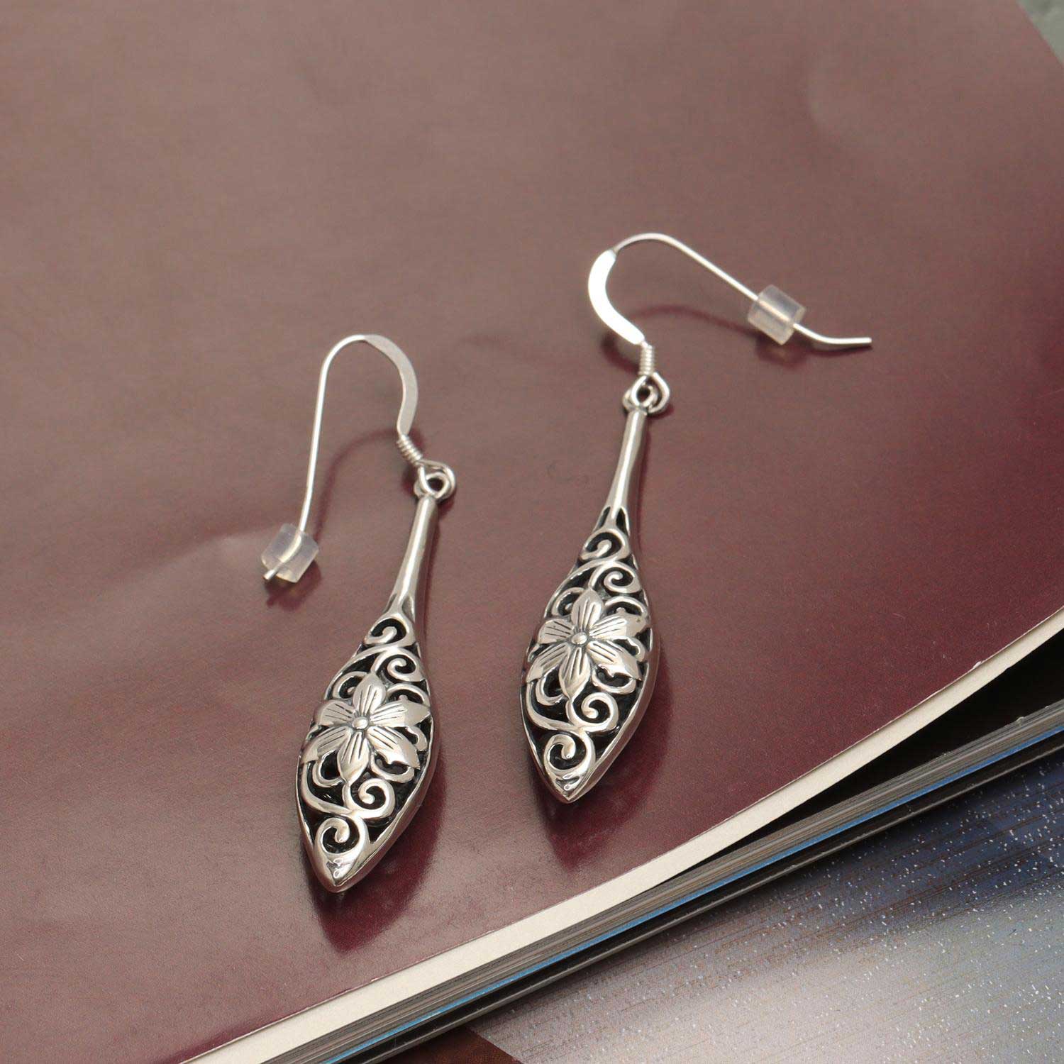 925 Sterling Silver Filigree Bali Inspired Flower Teardrop Dangle Hook Earrings for Women